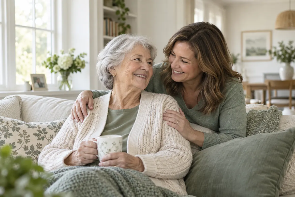 Older woman and adult daughter smiling together at home